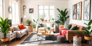 Amenajare interioară modernă cu plante și mobilă elegantă.