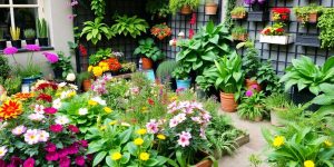 Grădină urbană plină de flori și plante verzi.