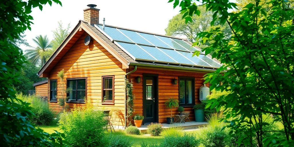 Casa eco-friendly înconjurată de verdeață luxuriantă.