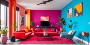 Design interior modern cu mobilier si culori vibrante.