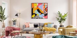 Camera de zi moderna cu mobilier elegant si culori vibrante.