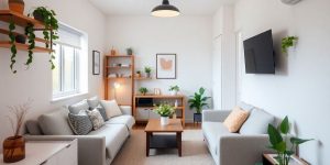 Cameră mică cu mobilă multifuncțională și soluții de depozitare.