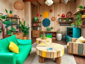 Interior cu mobilier din materiale reciclate, design ecologic.