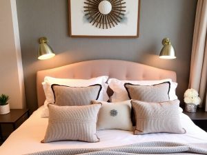 Dormitor elegant cu pat confortabil și iluminare caldă.