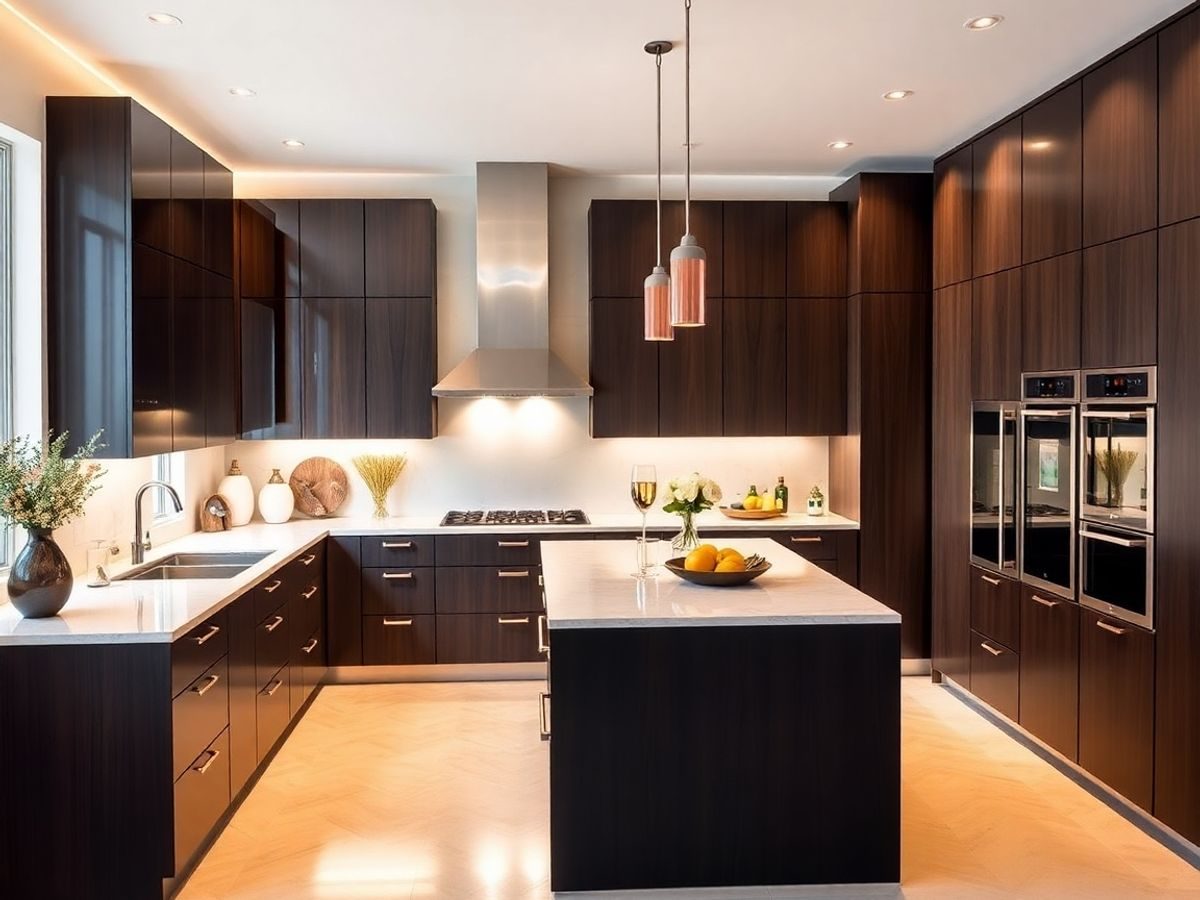 Bucătărie modernă cu design contemporan și elemente practice.