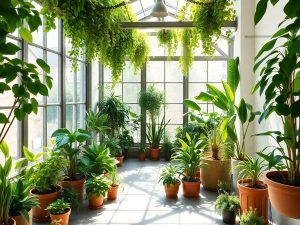 Grădină interioară cu plante verzi și lumina naturală.