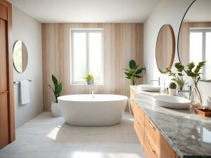 Baie modernă cu accente naturale, luminoasă și spațioasă