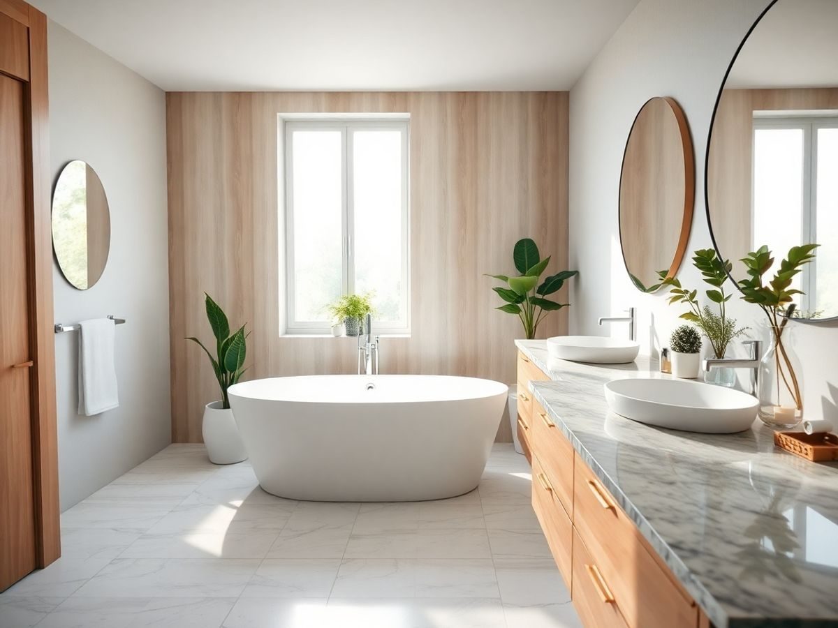 Baie modernă cu accente naturale, luminoasă și spațioasă