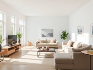 Interior minimalist cu mobilier curat și spațiu aerisit.