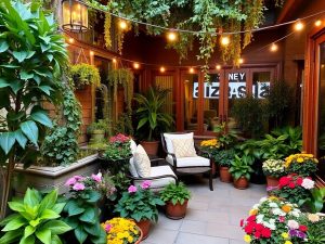 Grădină primitoare cu terasă amenajată, flori și lumini