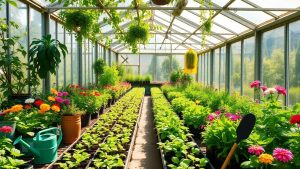 Seră plină cu plante verzi și flori colorate.