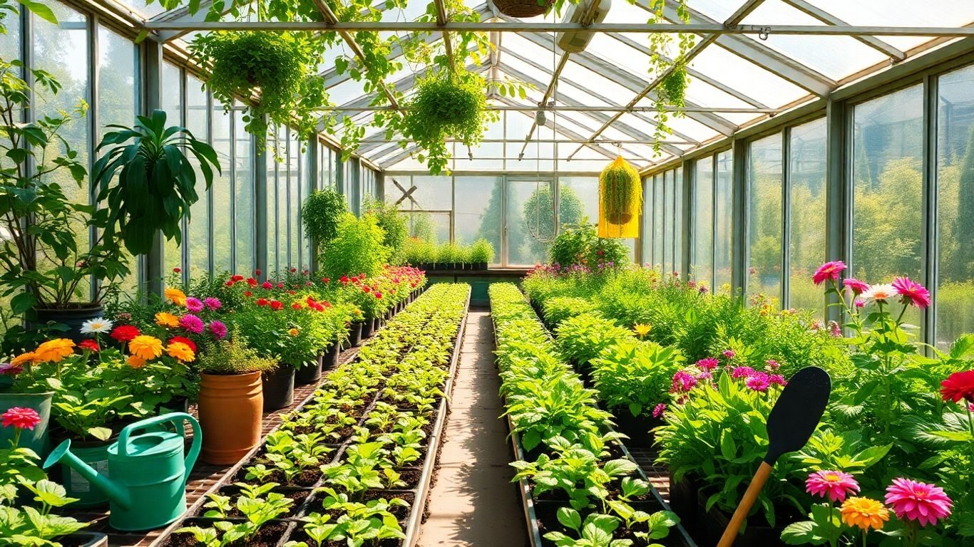 Seră plină cu plante verzi și flori colorate.