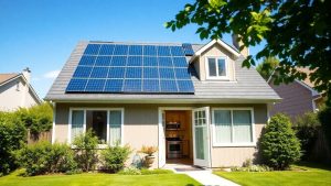 Casă modernă cu panouri solare și energie eficientă.