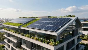 Clădire biosolară modernă cu panouri solare verzi integrate.