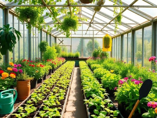 Seră plină cu plante verzi și flori colorate.